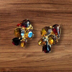 Vintage Gold-Tone Clip-On Earrings With Amber & Red Glass Stones statement Estat